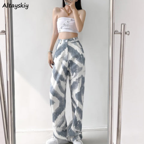 Jeans Women Autumn Tie Dye Korean Style Loose High Waist Streetwear Full-length Leisure Girls Female Bf All-match