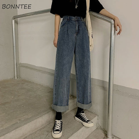 Jeans Women BF Style Retro High Waist Leisure Denim Teens Wide Leg Trousers Basic College Chic Popular All-match Fall Femme Jean