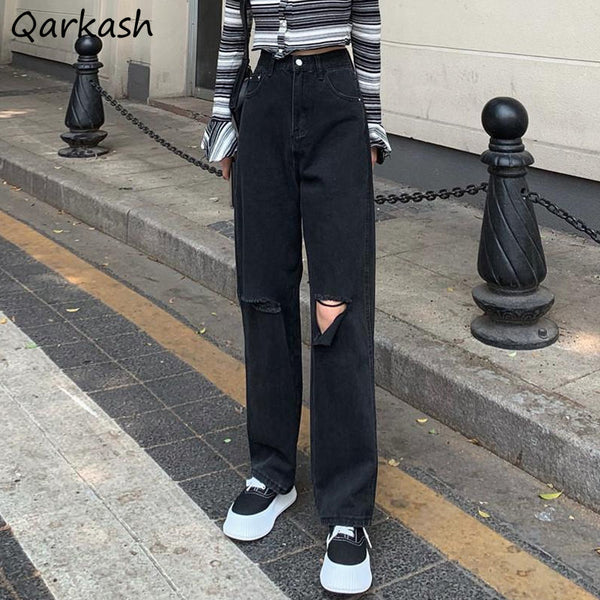 Jeans Women Black Hole Street Style Spring All-match Feminine Vintage Full Length Hipster Denim Cozy Simple Student Kpop