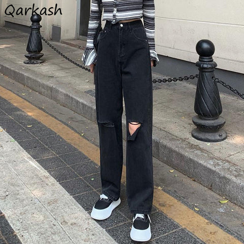 Jeans Women Black Hole Street Style Spring All-match Feminine Vintage Full Length Hipster Denim Cozy Simple Student Kpop