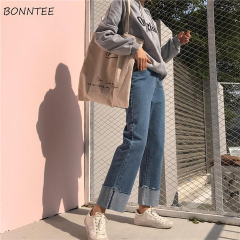 Jeans Women Boyfriend Denim Cuffs Ankle-Length Autumn Loose College Straight All-match Casual Feminino Trouser BF Chic Aesthetic
