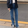 Jeans Women Denim Blue Feminino Bottoms Lady Popular Trousers Simple Side Slit Baggy Pockets Full Length Vintage Straight Trendy