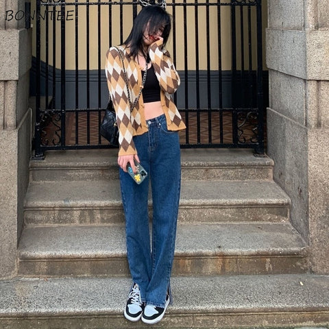 Jeans Women Denim Blue Feminino Bottoms Lady Popular Trousers Simple Side Slit Baggy Pockets Full Length Vintage Straight Trendy