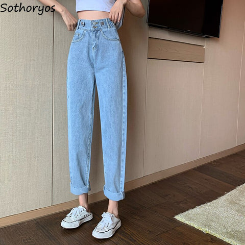 Jeans Women Full-length High Waist Straight Loose Casual Korean Style Button Fly Pocket Chic Trendy Zipper Streetwear All-match