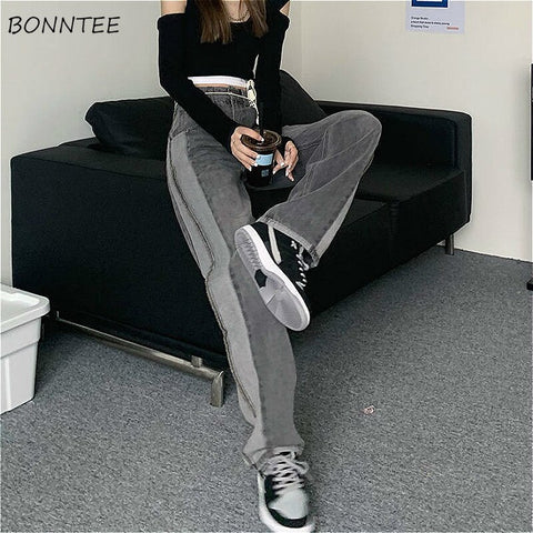 Jeans Women Gray Ins Unique Trendy Aesthetic Mujer Baggy Side Stripe Wide Leg Distressed All-match Autumn Boyfriend Streetwear
