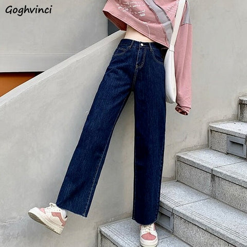 Jeans Women Harajuku Dark Blue Office Lady Vintage All-match Simple Solid Female Trendy Baggy Korean Style Retro Classic Casual