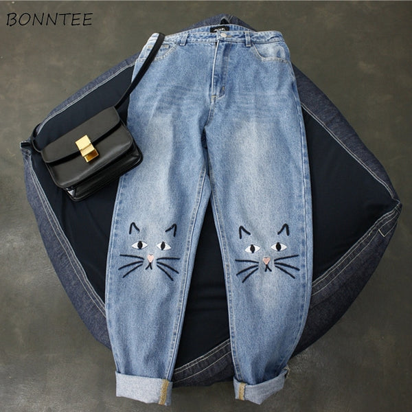 Jeans Women Harajuku Kawaii Cat Embroidery Korean Style Trousers Womens Pockets Button Straight Loose Streetwear Female Pant