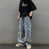Jeans Women Harajuku Loose Vintage Sunflower Printed Denim Blue Womens Casual Streetwear Boyfriend Straight Trousers Unisex New