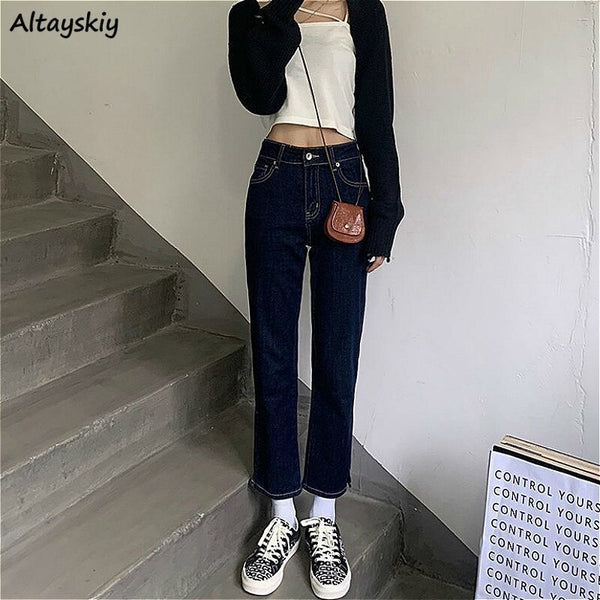 Jeans Women High Waist Dark Blue Side-slit Ankle-Length Retro Chic Korean Style Slim Fall 2022 Soft Regular Simple Denim Trouser