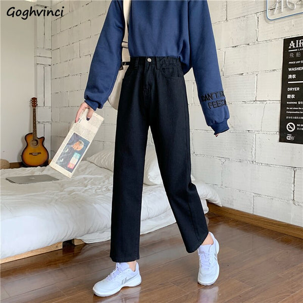 Jeans Women High-waist Straight Loose Ankle-length Denim Trousers Ladies Vintage Casual All-match Street-wear Ulzzang Fashion