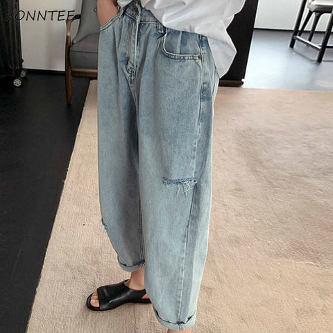 Jeans Women Hole Ankle-length High Waist Korean Style BF Straight Casual Denim Retro Harajuku Streetwear Womens All-match Trendy