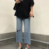 Jeans Women Hole Pockets Zipper Irregular Ankle-Length Loose Straight Denim High Waist Korean Style Chic Womens Streetwear Daily
