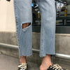 Jeans Women Hole Pockets Zipper Irregular Ankle-Length Loose Straight Denim High Waist Korean Style Chic Womens Streetwear Daily