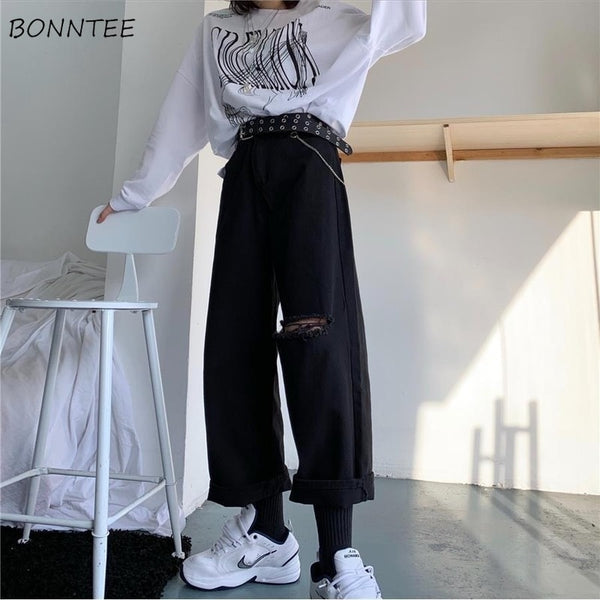Jeans Women Korean Style All-match High Waist Simple Students Leisure Full-length Black Ripped Hole Straight Leg Trousers Trendy