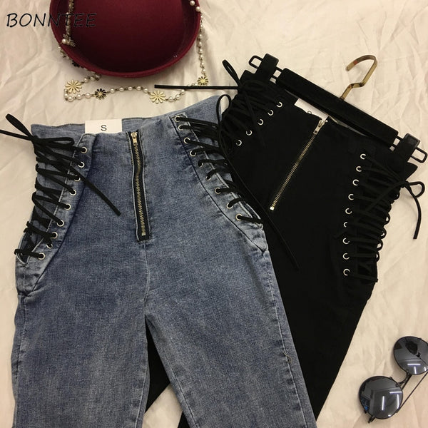 Jeans Women Lace-up Skinny All-match Zipper Simple Trendy Ankle-Length Trousers Womens Spring Autumn Slim Female