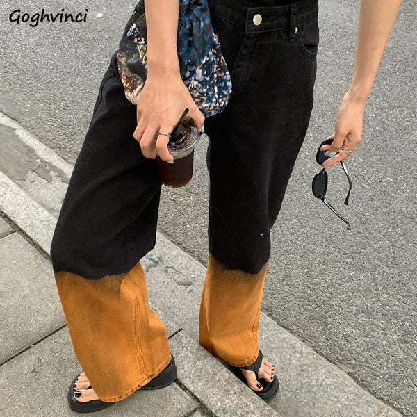 Jeans Women Mopping Tie Dye Gradient Hip Hop Street Vintage BF Students Leisure Straight Denim Trousers Harajuku Retro