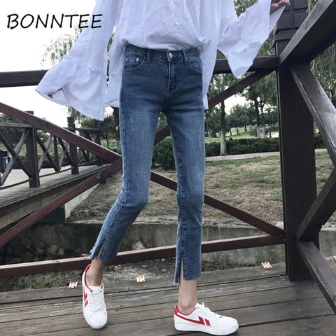 Jeans Women Scratched Zipper Pockets Chic Pencil Retro Womens Skinny Soft Students Korean Style  Simple Daily