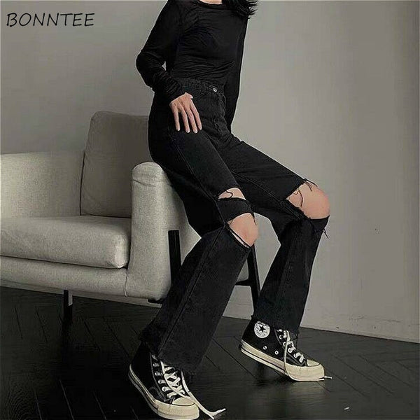 Jeans Women Oversized Denim Baggy High Waist Hole Teens Streetwear All-match Popular Boyfriend Straight Korean Trendy Trousers