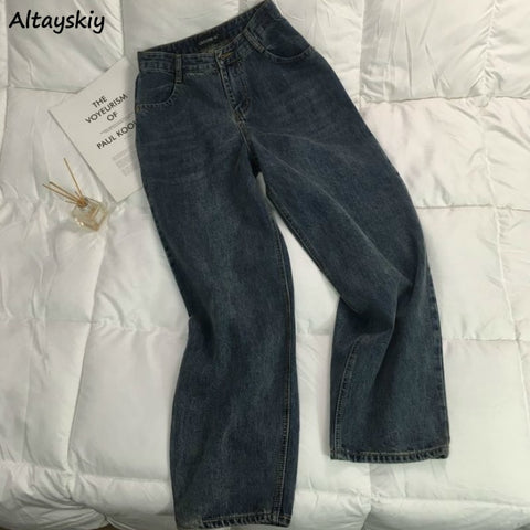 Jeans Women Simple Straight Korean Style Students Streetwear High Waist Vintage Chic Casual Full-length All-match Trendy Ins