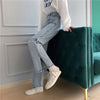 Jeans Women Solid Straight Loose Denim Korean Style Side Slit Full-length College Trendy All-match Female Bottom Chic