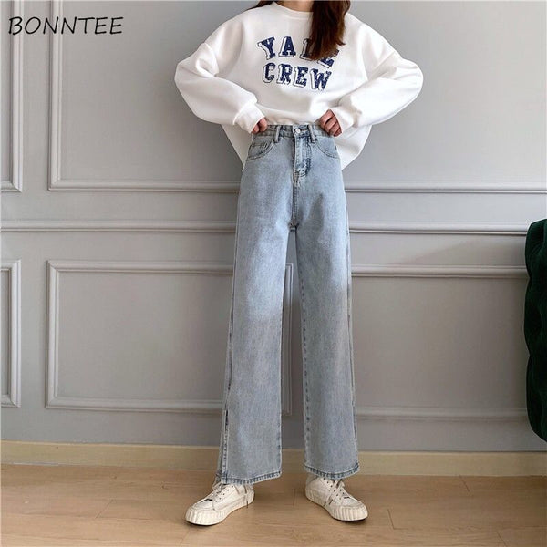 Jeans Women Solid Straight Loose Denim Korean Style Side Slit Full-length College Trendy All-match Female Bottom Chic