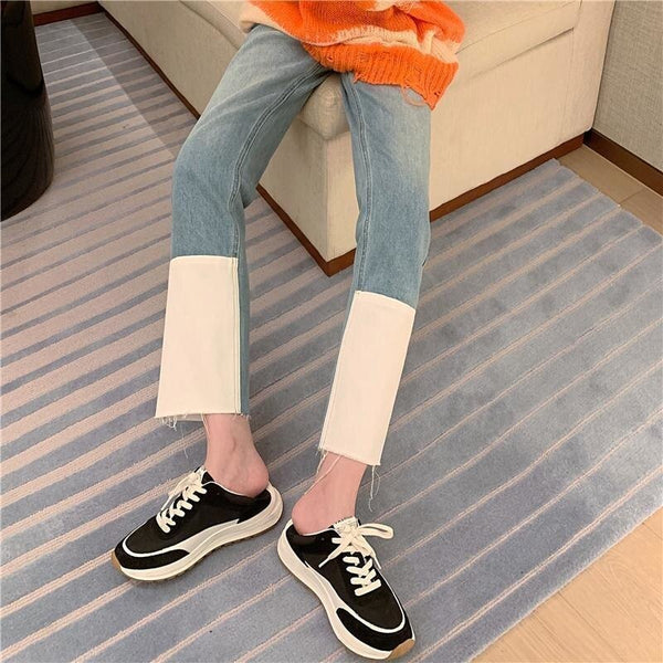 Jeans Women Spring Button Spliced High Waisted Baggy Straight Ulzzang Harajuku Teen All-match Comfort Casual Elegant