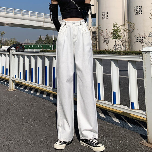 Jeans Women Spring Summer White High Waist Straight Tube Loose Wide Leg Pants Style Draping Floor Long Trouser Female Slacks
