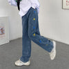 Jeans Women Straight Loose Love Heart Embroidery Casual High Waist Denim 2022  Korean Style Pantalones Streetwear Ins