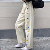 Jeans Women Straight Loose Love Heart Embroidery Casual High Waist Denim 2022  Korean Style Pantalones Streetwear Ins