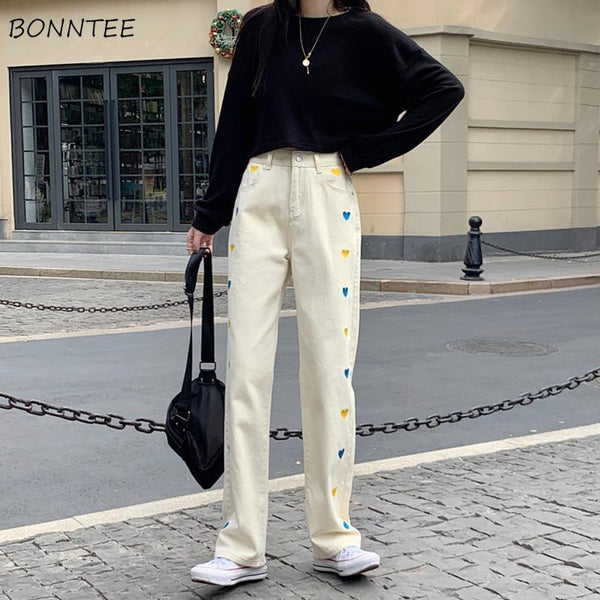 Jeans Women Straight Loose Love Heart Embroidery Casual High Waist Denim 2022  Korean Style Pantalones Streetwear Ins