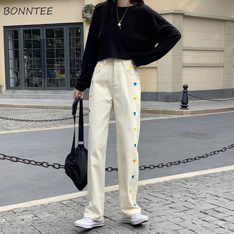 Jeans Women Straight Loose Love Heart Embroidery Casual High Waist Denim 2022  Korean Style Pantalones Streetwear Ins