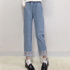 Jeans Women Strawberry Embroidery Kawaii Pockets Ankle-length Elastic Waist Girls Denim Simple All-match Korean Style Student