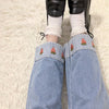 Jeans Women Strawberry Printed Patchwork Harajuku Elastic High Waist Ankle-length Jean Femme Womens Korean Style Kawaii Leisure