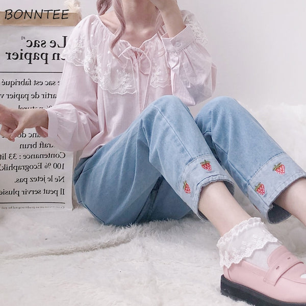 Jeans Women Strawberry Printed Patchwork Harajuku Elastic High Waist Ankle-length Jean Femme Womens Korean Style Kawaii Leisure