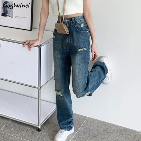 Jeans Women Wide Leg High Waist Streetwear Vintage Washed Retro Summer Thin Loose All-match Female Trousers Korean