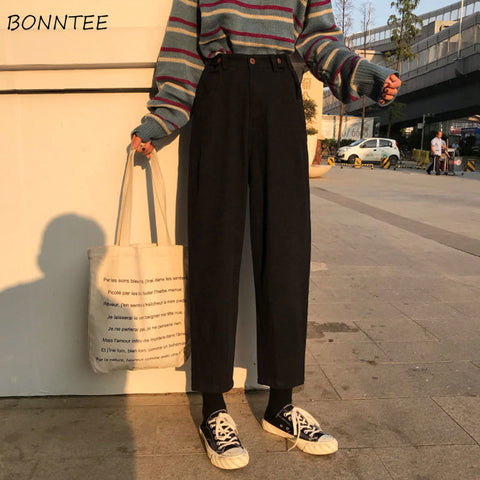 Jeans Womens Plus Size Solid High Waist Ulzzang Harajuku Korean Style Vintage Fashionable Females Trousers Pockets Simple Chic