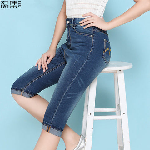 Jeans for Woman Elasticity High Waist cuffs Plus Size Shorts pencil Capri Skinny Female Denim Pants 100kg