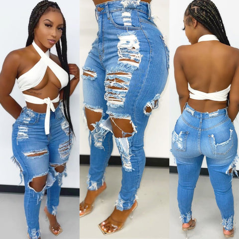 Jeans for Women Hole Ripped High Waist Push Up Pants Skinny Vintage Sexy Slim Calf Length Trousers woman's jeans Plus Size