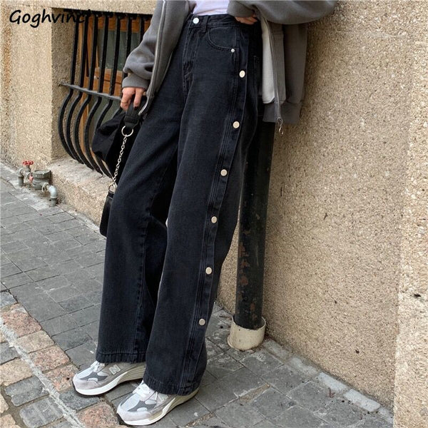Jeans for Women Retro Streetwear Button Black Harajuku Student Leisure Hip Hop Straight Denim Trousers Hip Hop Loose New
