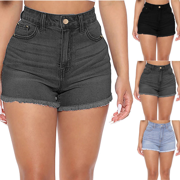 Jeans, women's wear, curly hem, high waist, solid color, straight casual shorts, women's casual fashion, 2022 summer trend h