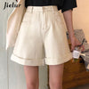 Jielur Jeans Shorts Women Crimping Straight Jeans High Waist BF Black Beigh S-XL Denim Shorts Female Summer Casual