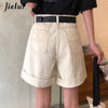 Jielur Jeans Shorts Women Crimping Straight Jeans High Waist BF Black Beigh S-XL Denim Shorts Female Summer Casual