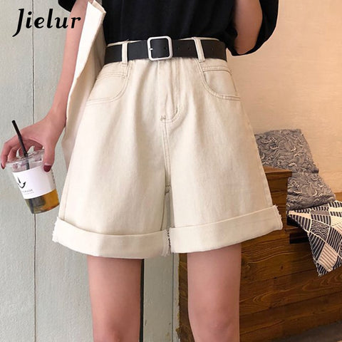 Jielur Jeans Shorts Women Crimping Straight Jeans High Waist BF Black Beigh S-XL Denim Shorts Female Summer Casual