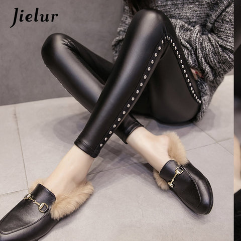 New Winter Fleece Matte PU Leather leggings Women Fashion Rivets Push Up Pencil Pants 4 Colors S-XXL Slim Lady Leggins