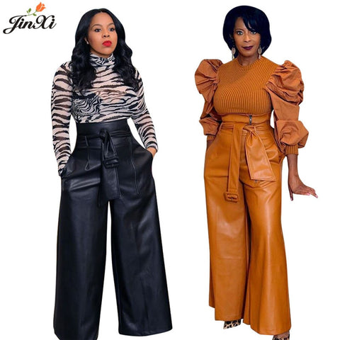 JinXi S-3XL Young Women PU Leather Pants 2022 Autumn/Spring Sexy Women Black Khaki Sashes Pant Wide-Leg High Waist Pants