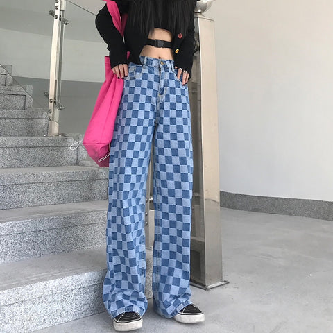 Jogger Plaid Ladies Jeans Summer Universal Plaid Pattern Loose Casual Blue Wide Leg Jeans Men'S Overalls Streetwear 2022