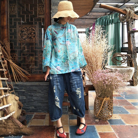 New Summer Vintage Floral Print Stand Collar Nine Quarter Blouses 2022 Women Chinese Style Plate Buckle Ramie Shirts