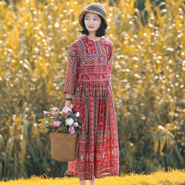 Johnature Spring Leisure Retro O-neck Button Floral Print Dresses 2022 Comfortable Three Quarter Sleeve Women Dress