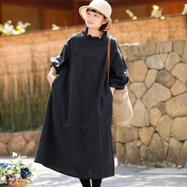 Johnature Spring Loose Leisure Plate Buckle Ruffled Collar  Dress 2022 Comfortable Three Quarter Sleeve Women Dress