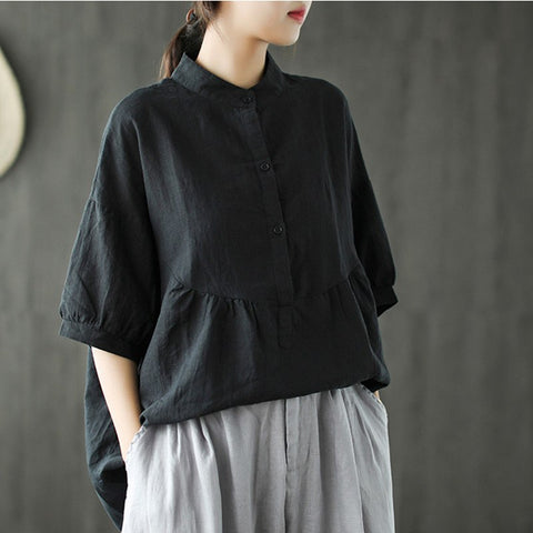 Stand Collar Solid Color Tops 2022 Summer New Single-breasted Short Sleeve 4 Colors Casual Cotton Linen Women Shirts